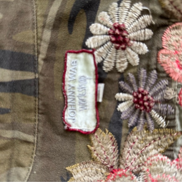 Johnny Was Olive Camouflage Jacket with Red Floral Accents - Picture 6 of 6